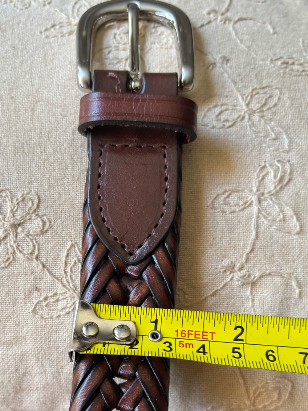 Brown Braided Genuine Leather Belt 1.25” Wide Brushed Silver Buckle Size 38 - Picture 10 of 13